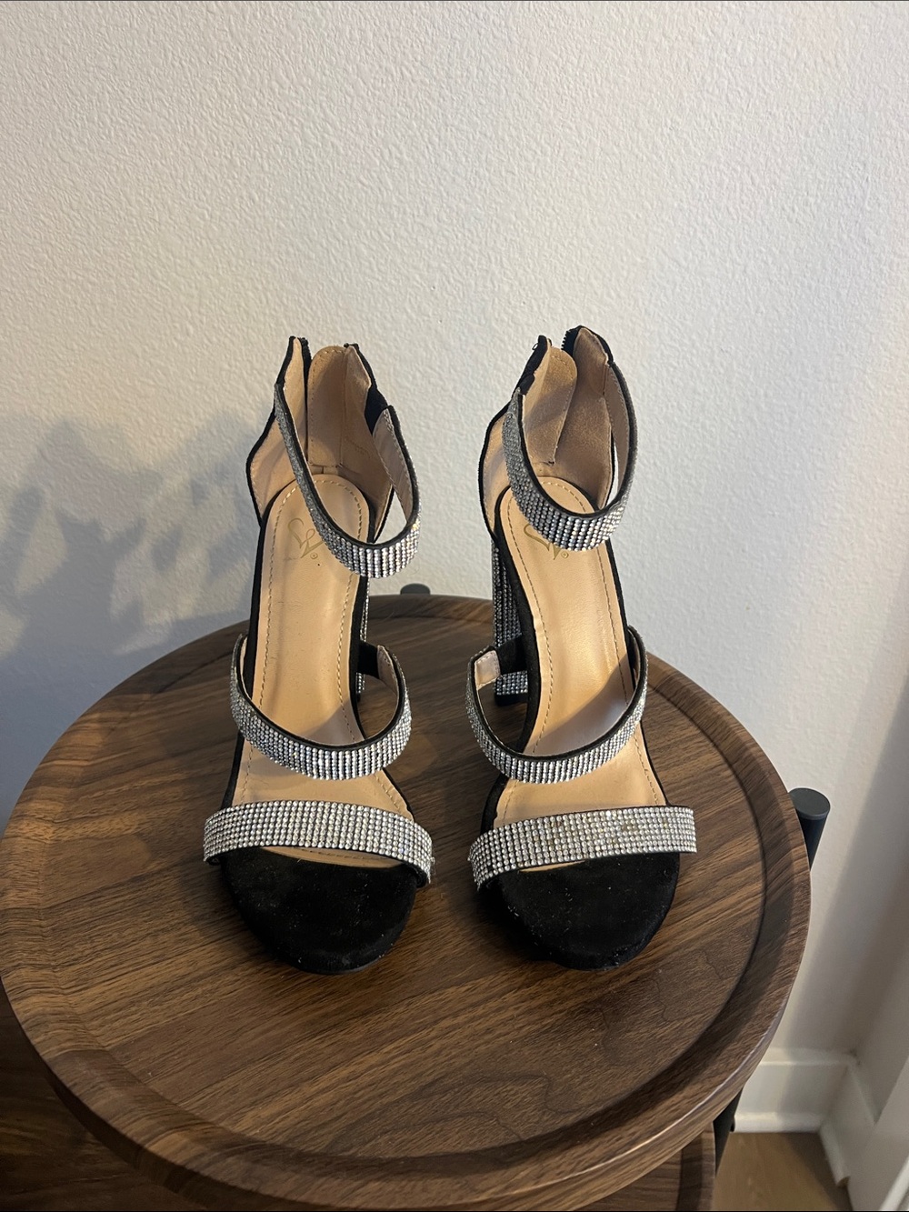 Black Rhinestone Strappy High Heel Sandals
